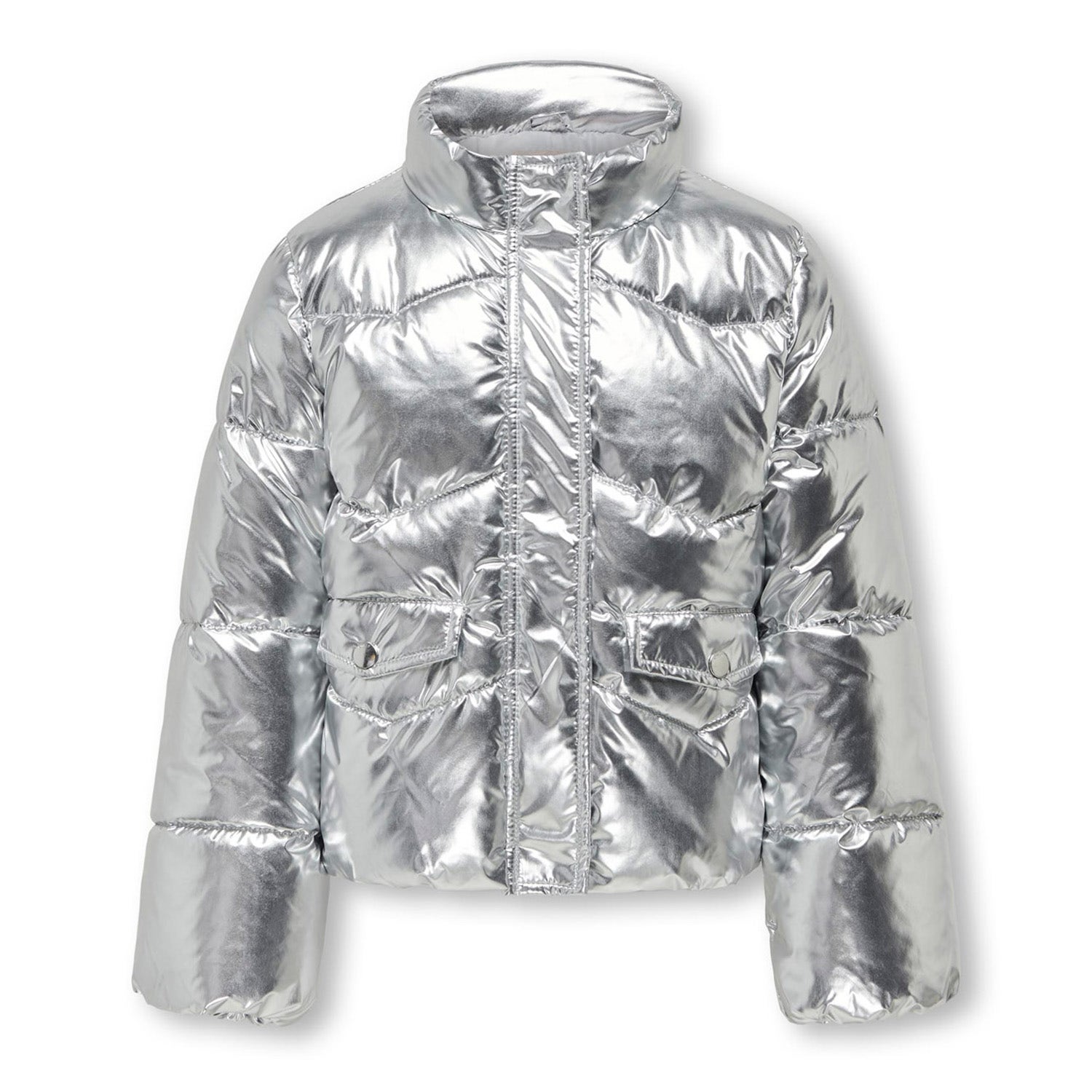 ONLY KIDS GIRL metallic gewatteerde winterjas KOGPEARL zilver metallic